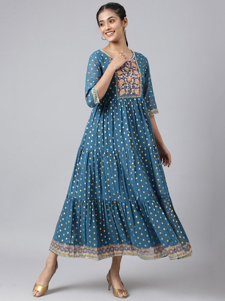 AURELIA Blue Ethnic Motifs Maxi Dress