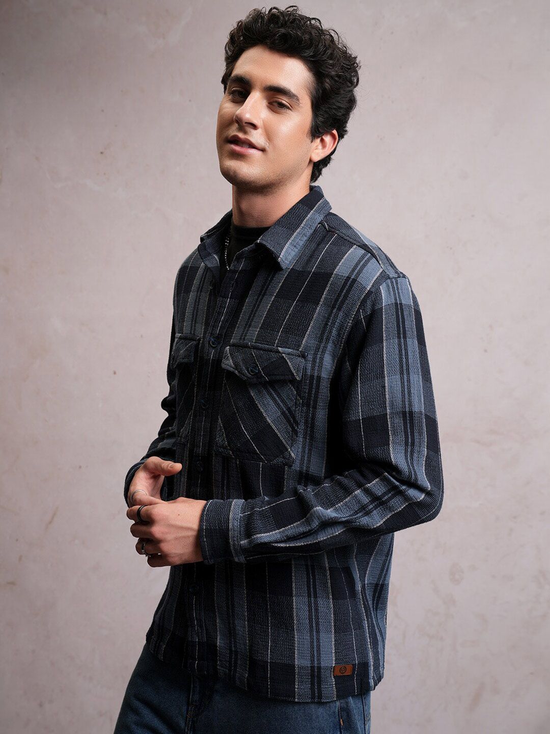 LOCOMOTIVE Mock Lino Dobby Textured Checked Utility Pocket Overshirt