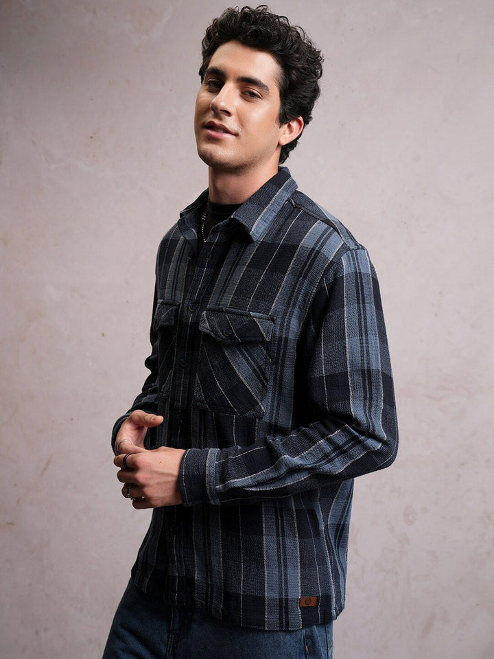 LOCOMOTIVE Mock Lino Dobby Textured Checked Utility Pocket Overshirt