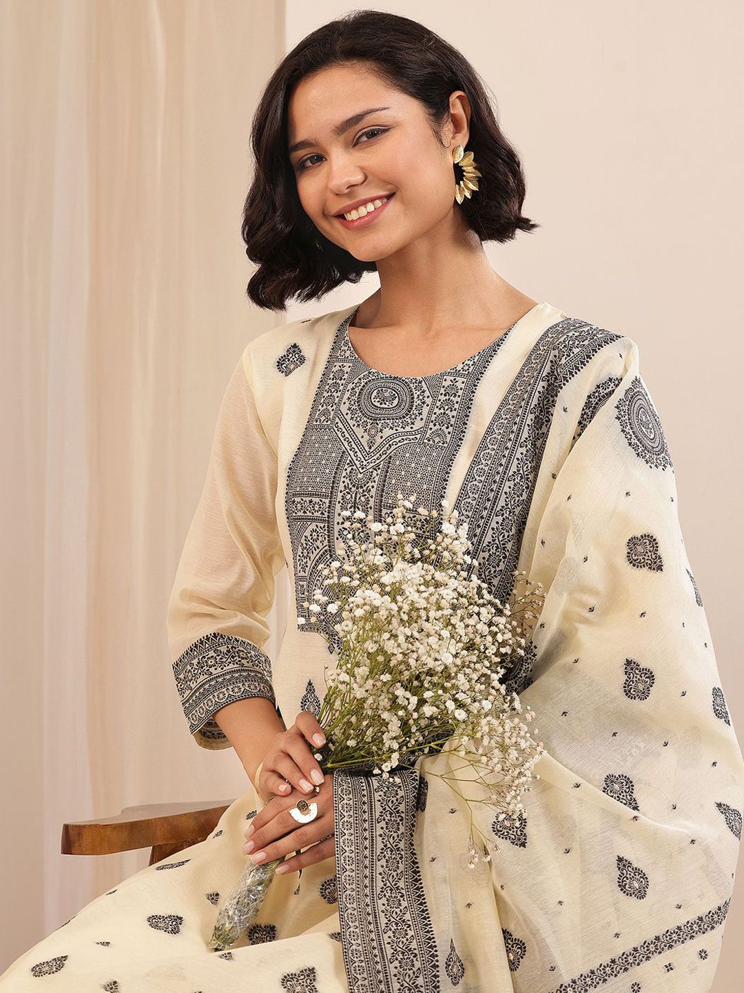 Libas Women Regular Chanderi Silk Kurta with Trousers & With Dupatta