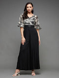 Miss Chase Black White Printed V-Neck Bell Sleeves Basic Jumpsuit