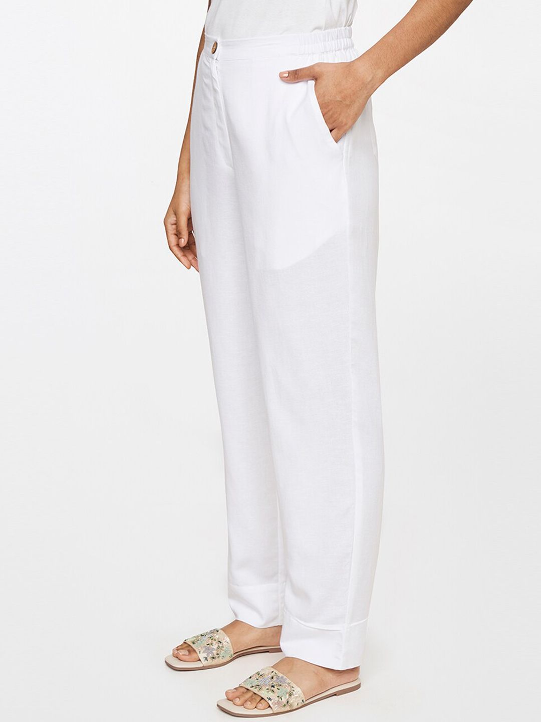 Global Desi Women White Straight Fit Trousers