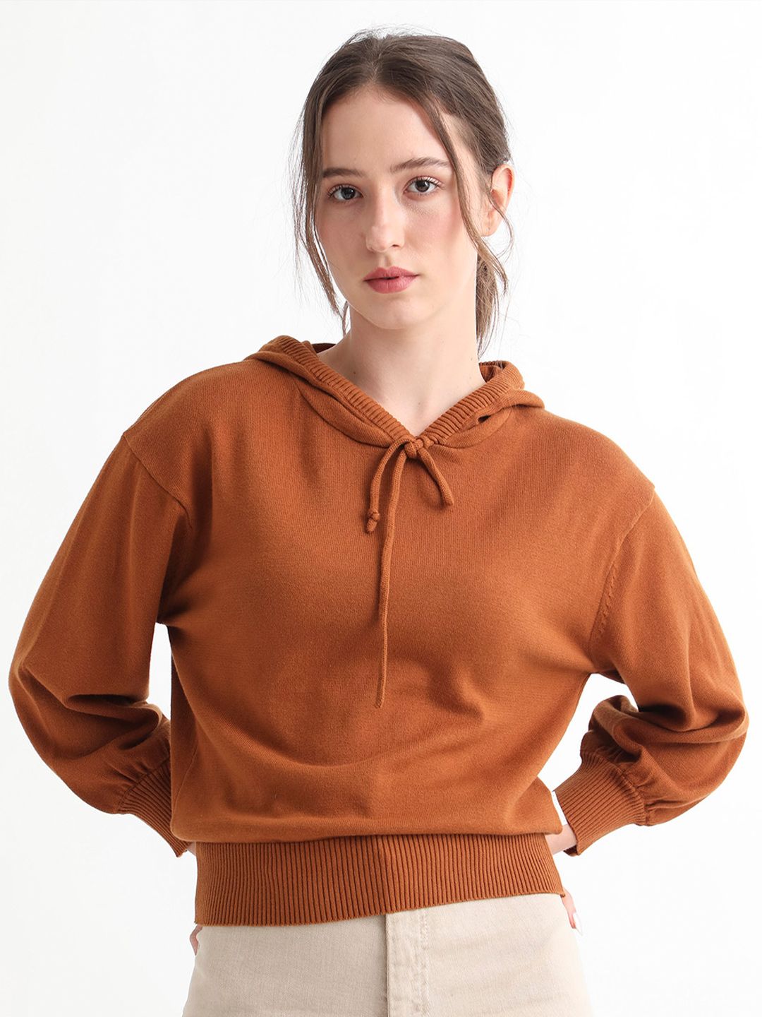 RAREISM Women Rust & Brown Crop Cotton Pullover