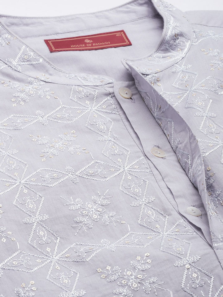 House of Pataudi Floral Embroidered Mandarin Collar Sequinned Pure Cotton Jashn Kurta