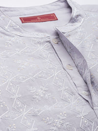 House of Pataudi Floral Embroidered Mandarin Collar Sequinned Pure Cotton Jashn Kurta