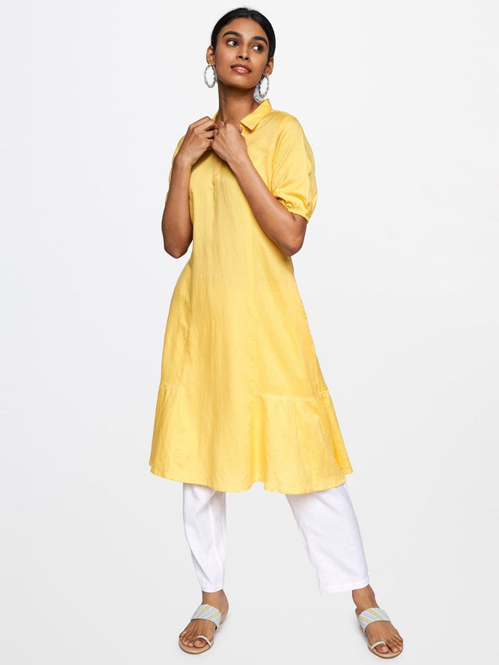 Global Desi Women Yellow Solid A-Line Kurta