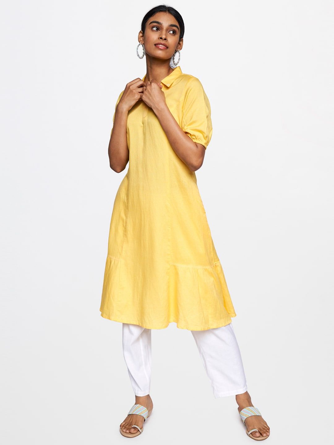 Global Desi Women Yellow Solid A-Line Kurta
