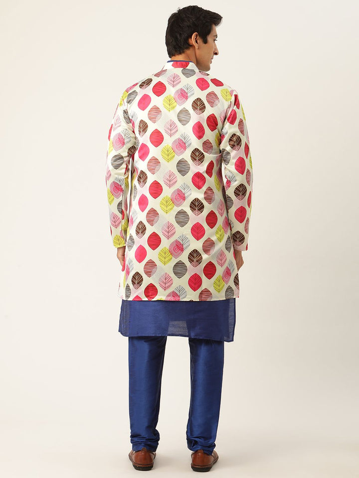 SOJANYA Lelaki Kurta Solid Biru Laut & Putih dengan Pijama & Jaket