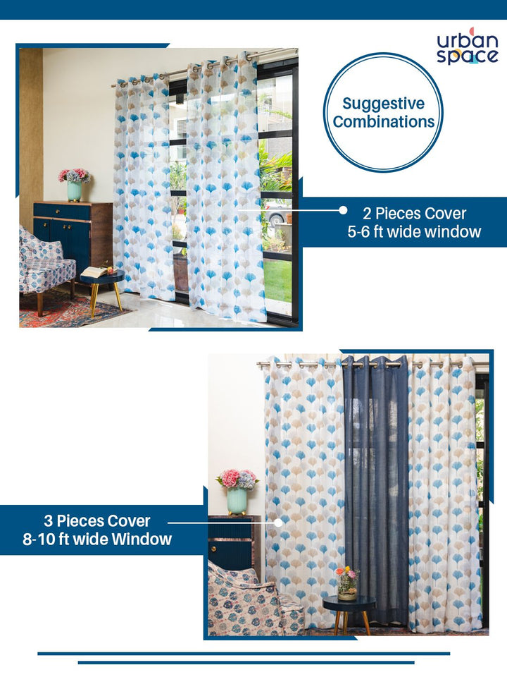URBAN SPACE Blue & White Set of 2 Floral Sheer Door Curtain