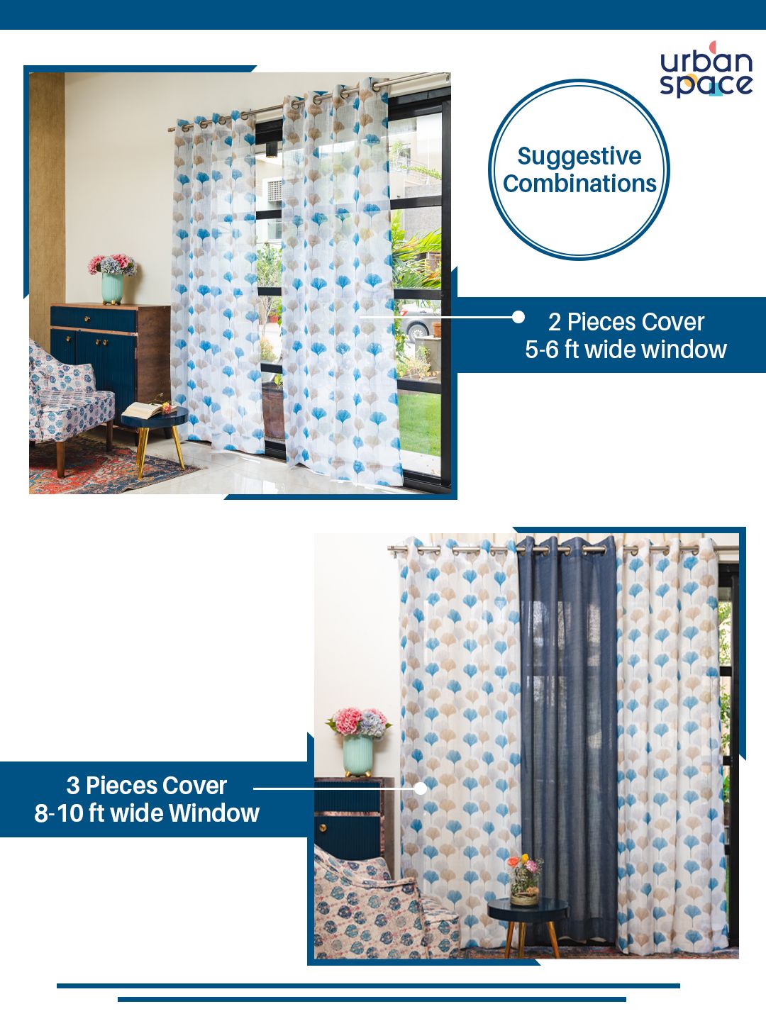 URBAN SPACE Blue & White Set of 2 Floral Sheer Door Curtain
