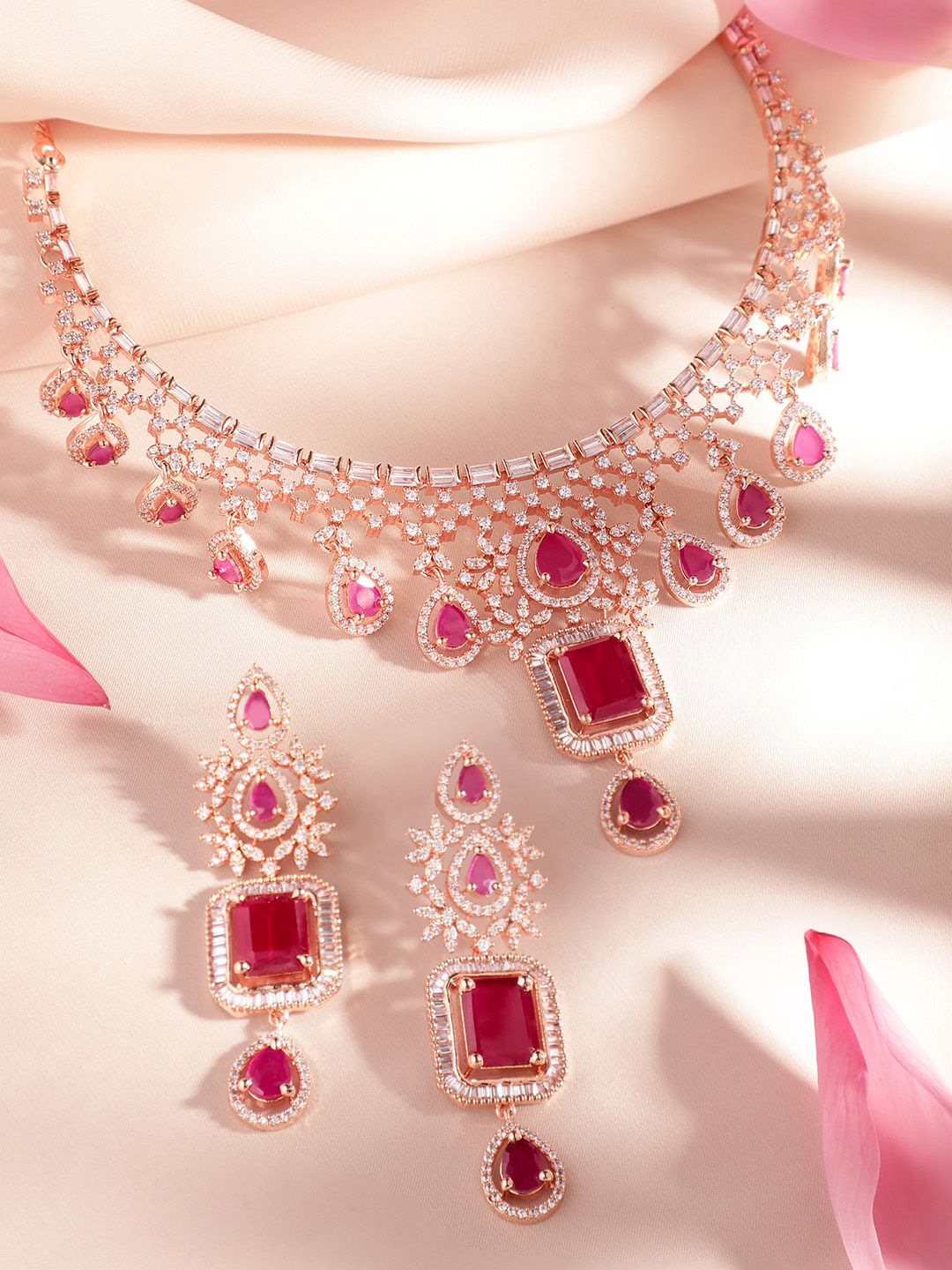 Rubans 24K Rose Gold Plated Pink Sapphire & CZ  Studded Handcrafted Premium Jewellery Set