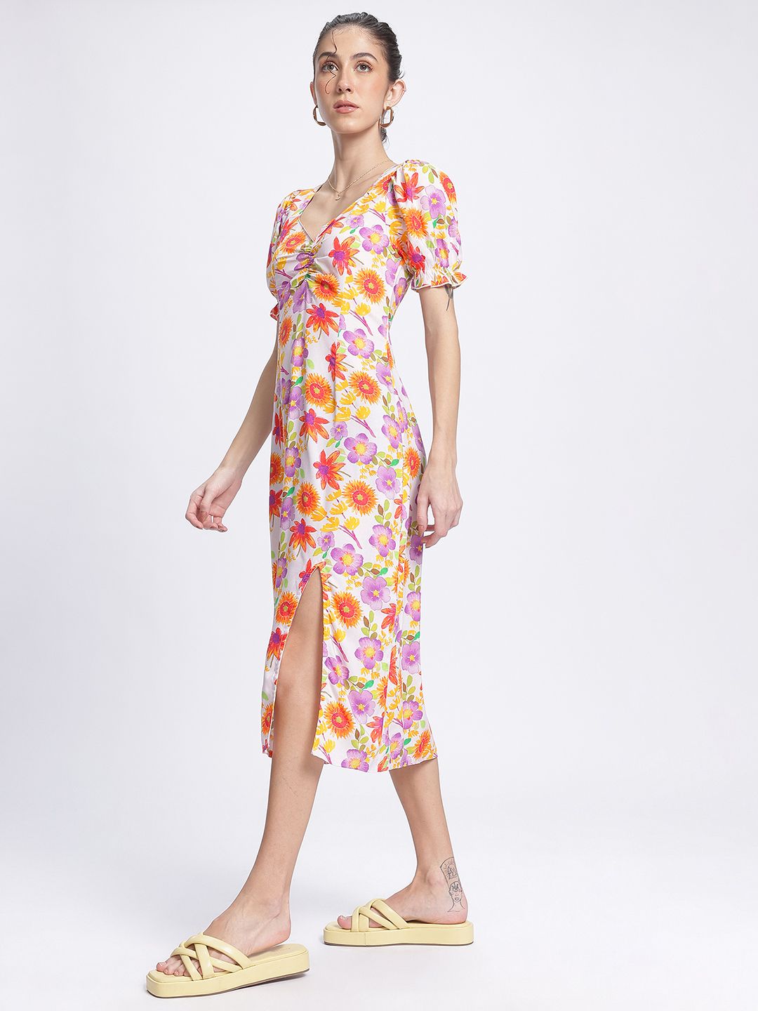 DressBerry Petal Power Ruched Front Slit Floral Sheath Dress