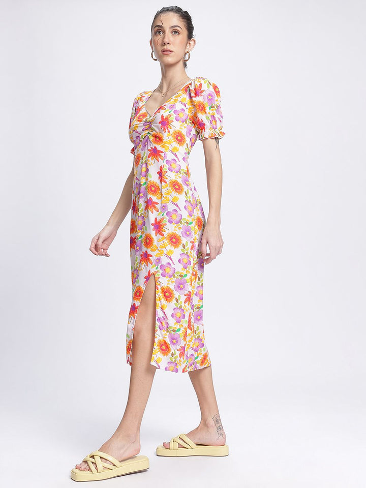 DressBerry Petal Power Ruched Front Slit Floral Sheath Dress