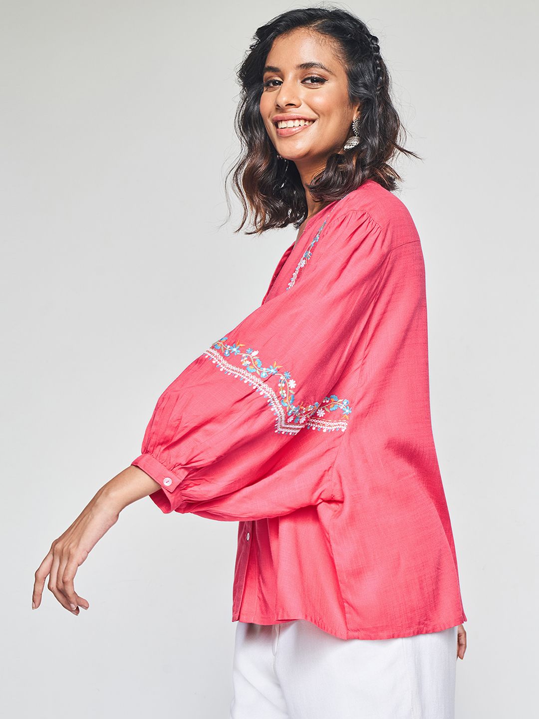 Global Desi Floral Embroidered Mandarin Collar Shirt Style Top