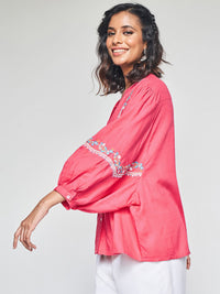 Global Desi Floral Embroidered Mandarin Collar Shirt Style Top