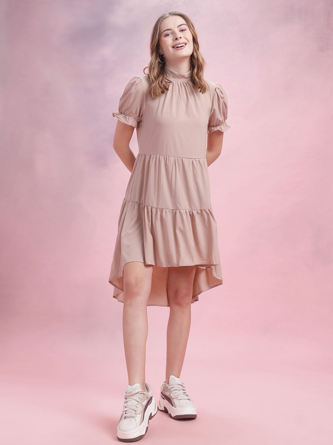 DressBerry Gathered Detail High-Neck Tiered A-Line Midi Dress with Tie-Ups