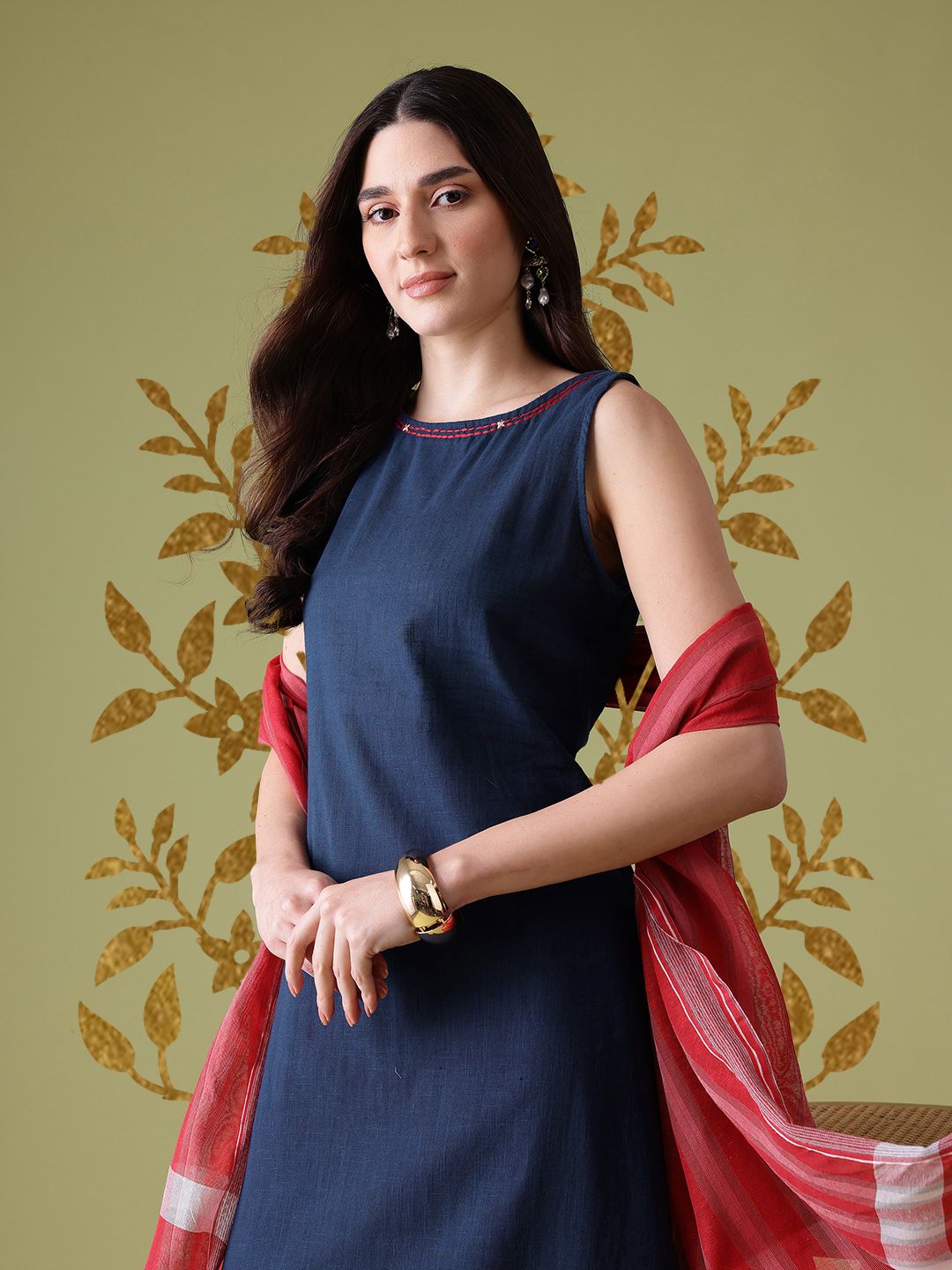 Anouk Sequinned Cotton Kurta with Palazzos & Dupatta