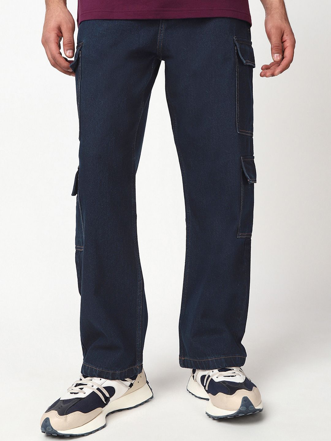 Bewakoof Men's Indigo Blue Baggy Washed Cargo Mid-Rise Jeans