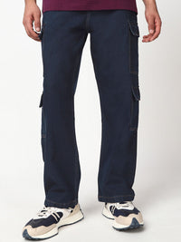 Bewakoof Men's Indigo Blue Baggy Washed Cargo Mid-Rise Jeans