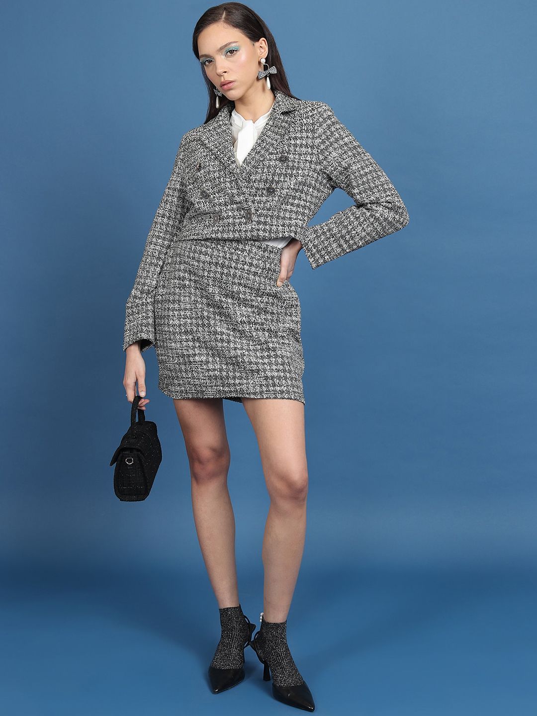 Tokyo Talkies Tweed Cropped Blazer With Mini Skirt Co-Ords
