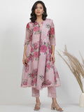W Floral Printed Regular Three-Quarter Sleeves Organza Kurta with Trousers & With Dupatta