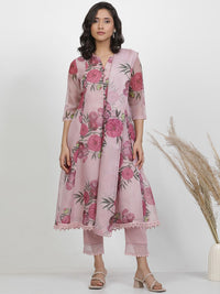 W Floral Printed Regular Three-Quarter Sleeves Organza Kurta with Trousers & With Dupatta