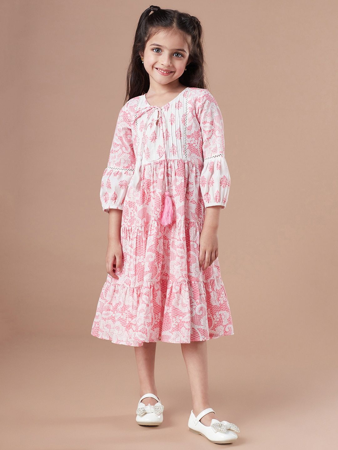 pspeaches Girls Tiered Floral Print Tie-Up Neck A-Line Midi Cotton Dress