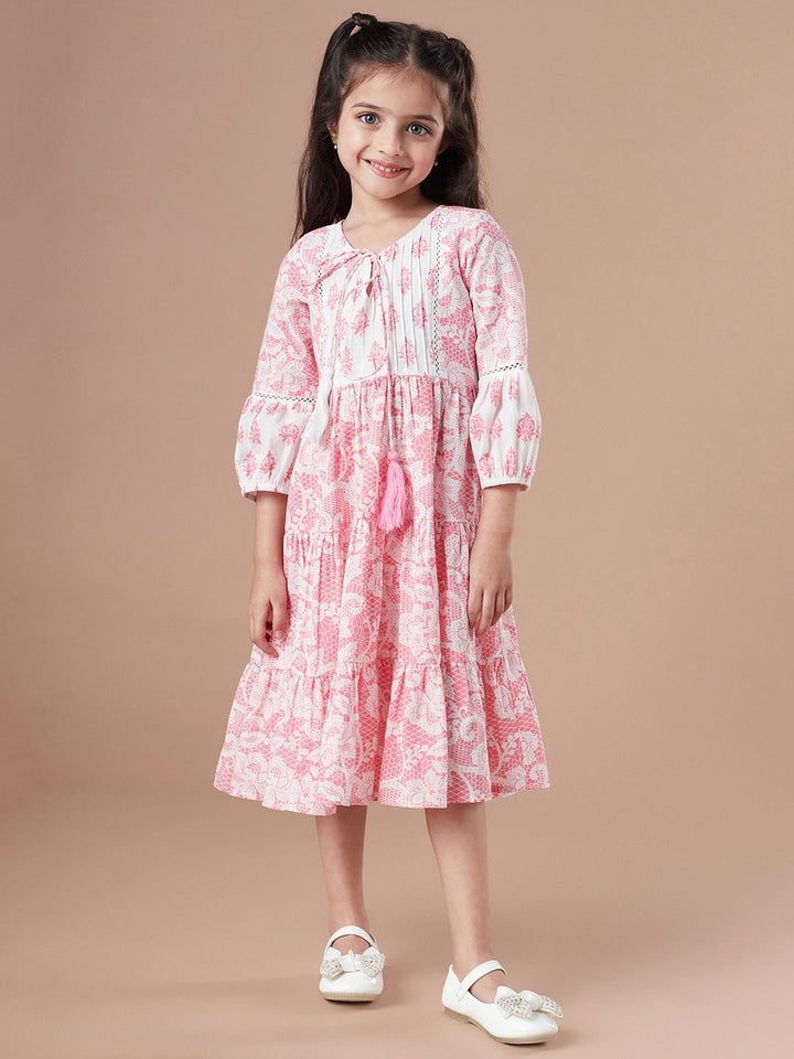 pspeaches Girls Tiered Floral Print Tie-Up Neck A-Line Midi Cotton Dress