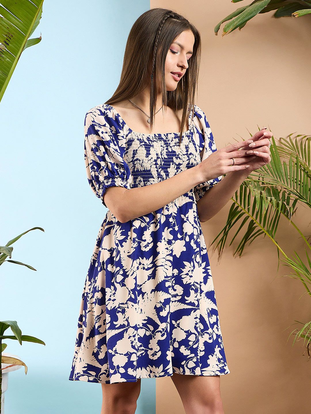 SASSAFRAS Floral Printed Smocked Fit & Flare Dress