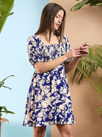 SASSAFRAS Floral Printed Smocked Fit & Flare Dress