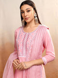 Vishudh Pink Floral Embroidered Straight Kurta with Trousers & Dupatta