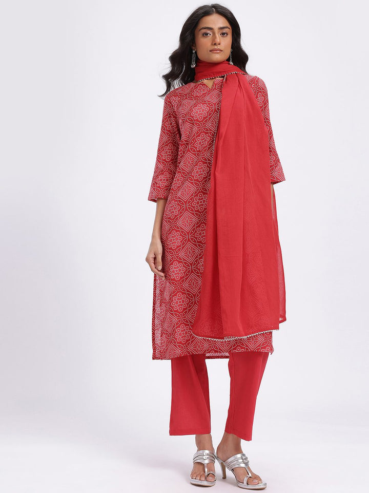 Anouk Bandhani Printed Cotton Kurta with Trousers & With Dupatta