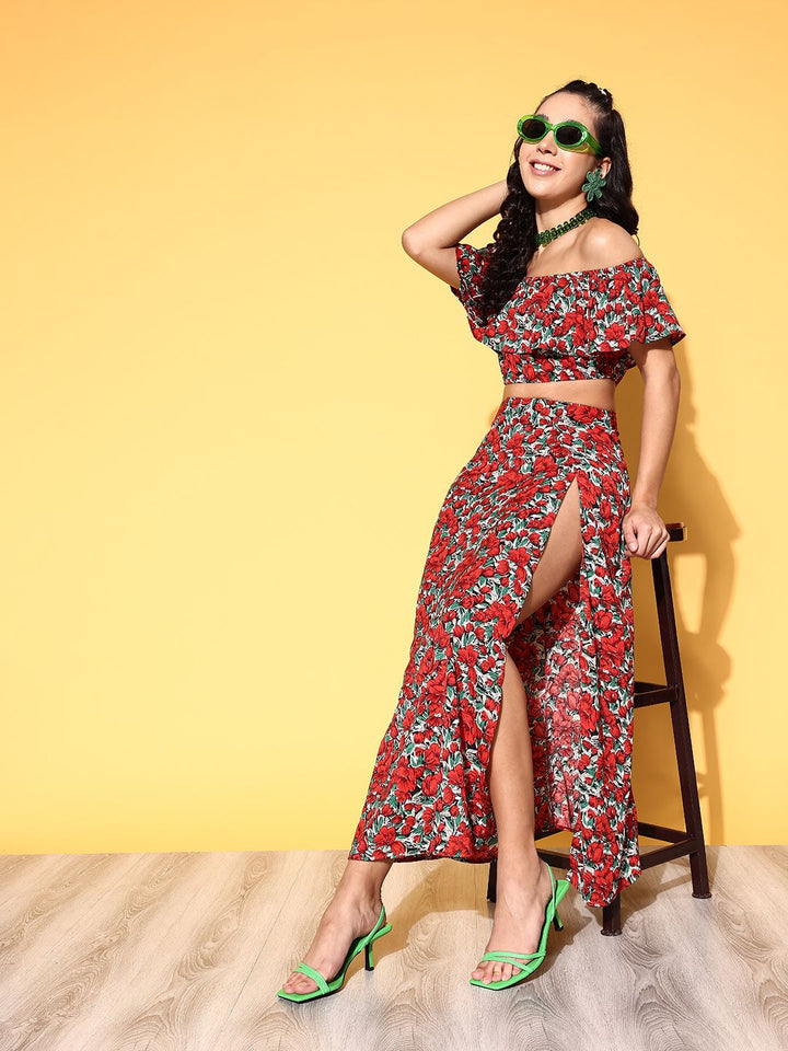 Berrylush Women Deep Red Printed Top with Skirt