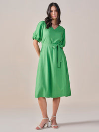 AND V-Neck Puff Sleeves Tie-Ups A-Line Dress
