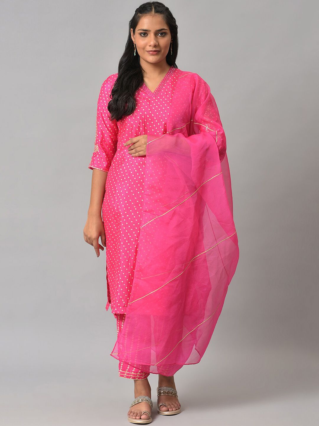 W Polka Print Karnatka Silk Kurta With Straight Pant & Dupatta
