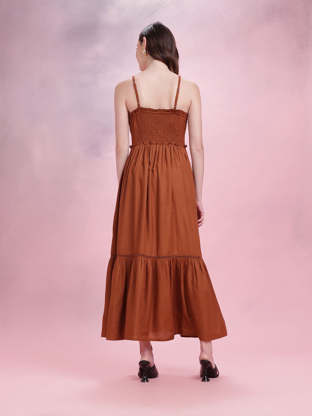 DressBerry Shoulder Straps Ruffle & Tie-Up Detail Midi Empire Dress