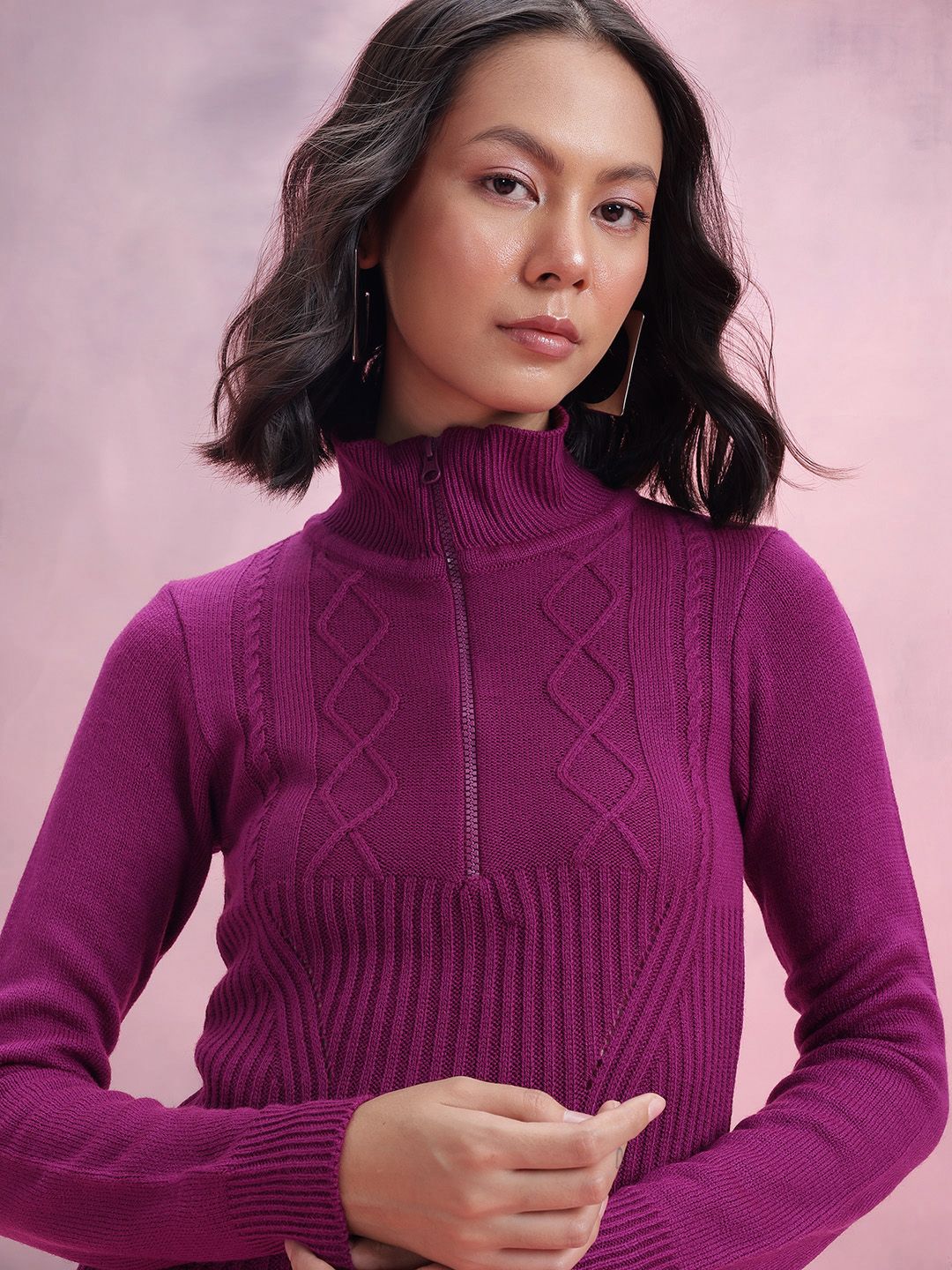 DressBerry Acrylic High Neck Geometric Self Design Sweater Dress