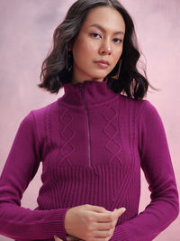 DressBerry Acrylic High Neck Geometric Self Design Sweater Dress