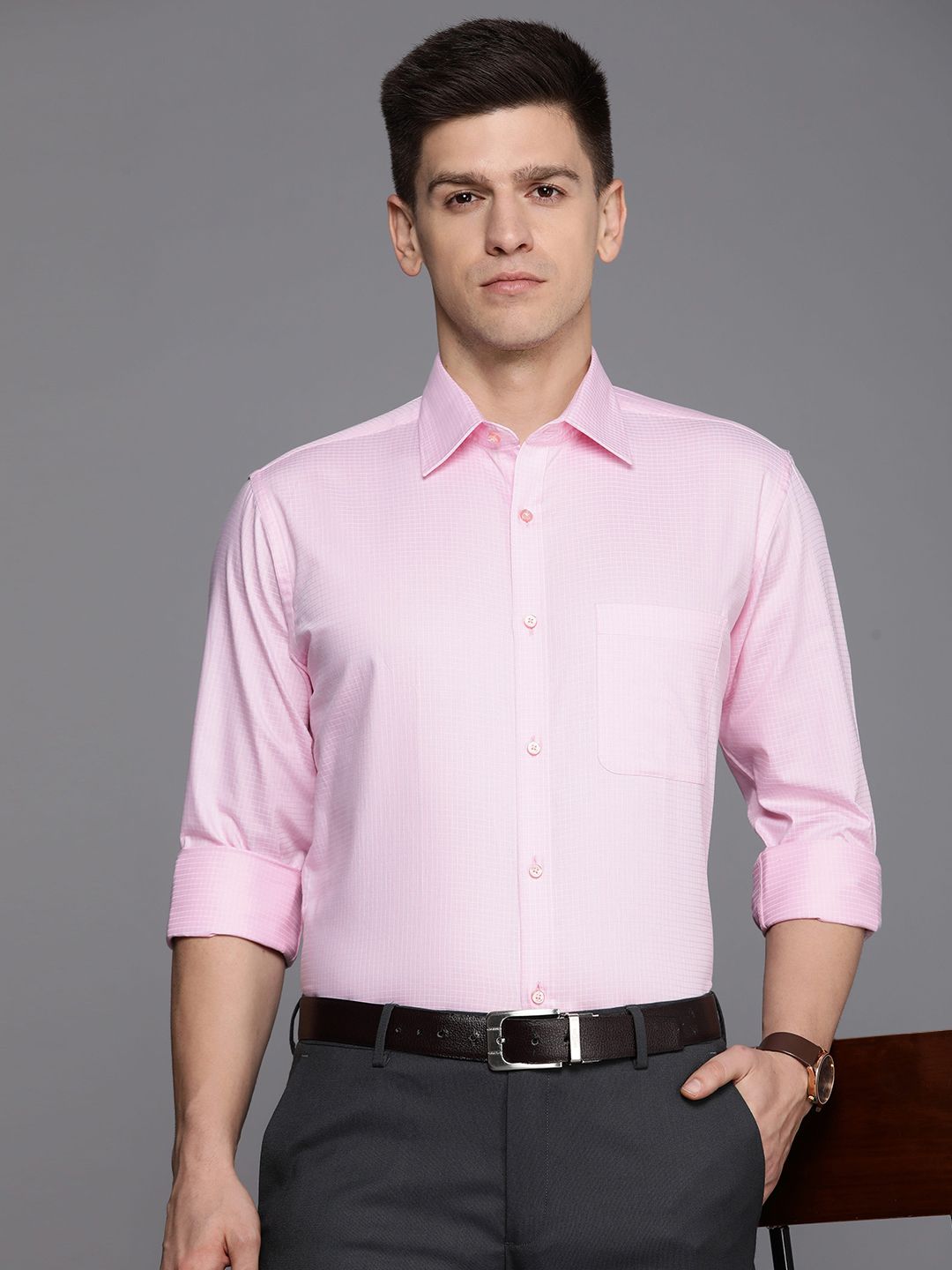 Raymond Men Slim Fit Micro Checks Pure Cotton Formal Shirt