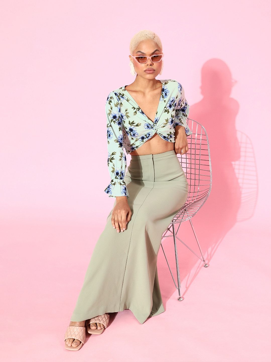 Berrylush Women Enchanting Sea Green Floral Bell Sleeves Top