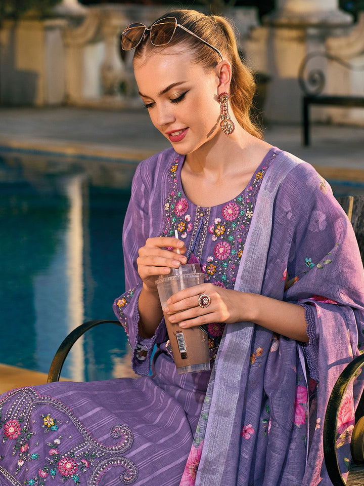 Indo Era Floral Embroidered Regular Thread Work Pure Cotton Kurta With Trousers & Dupatta