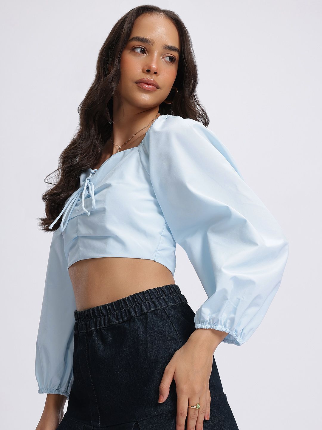 DressBerry Pastel Paradise Tie-Up Pleated Smocked Back Crop Top