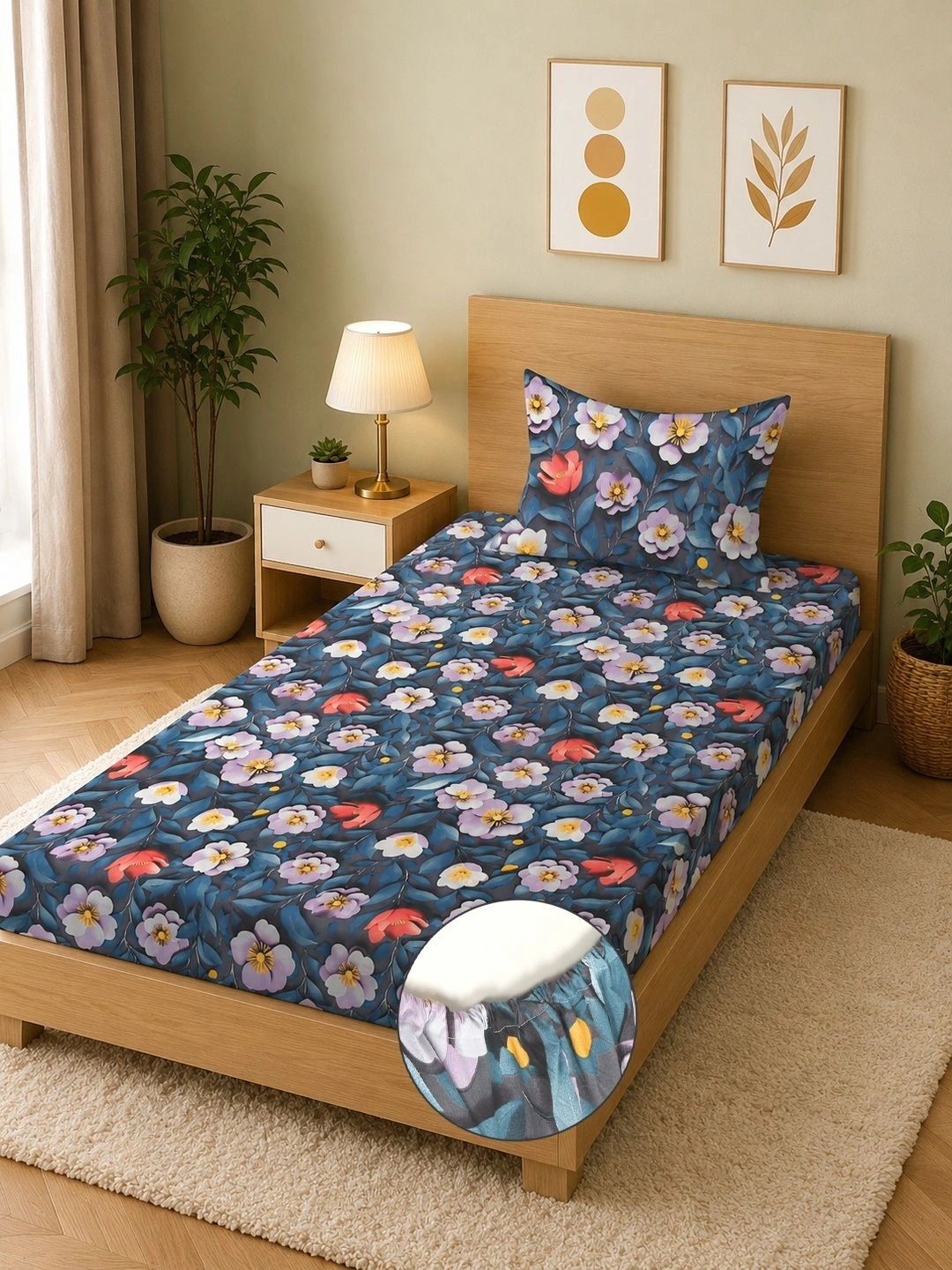 Moda Rapido X KLOTTHE Blue & Red Floral 400 TC Single Bedsheet with 1 Pillow Covers