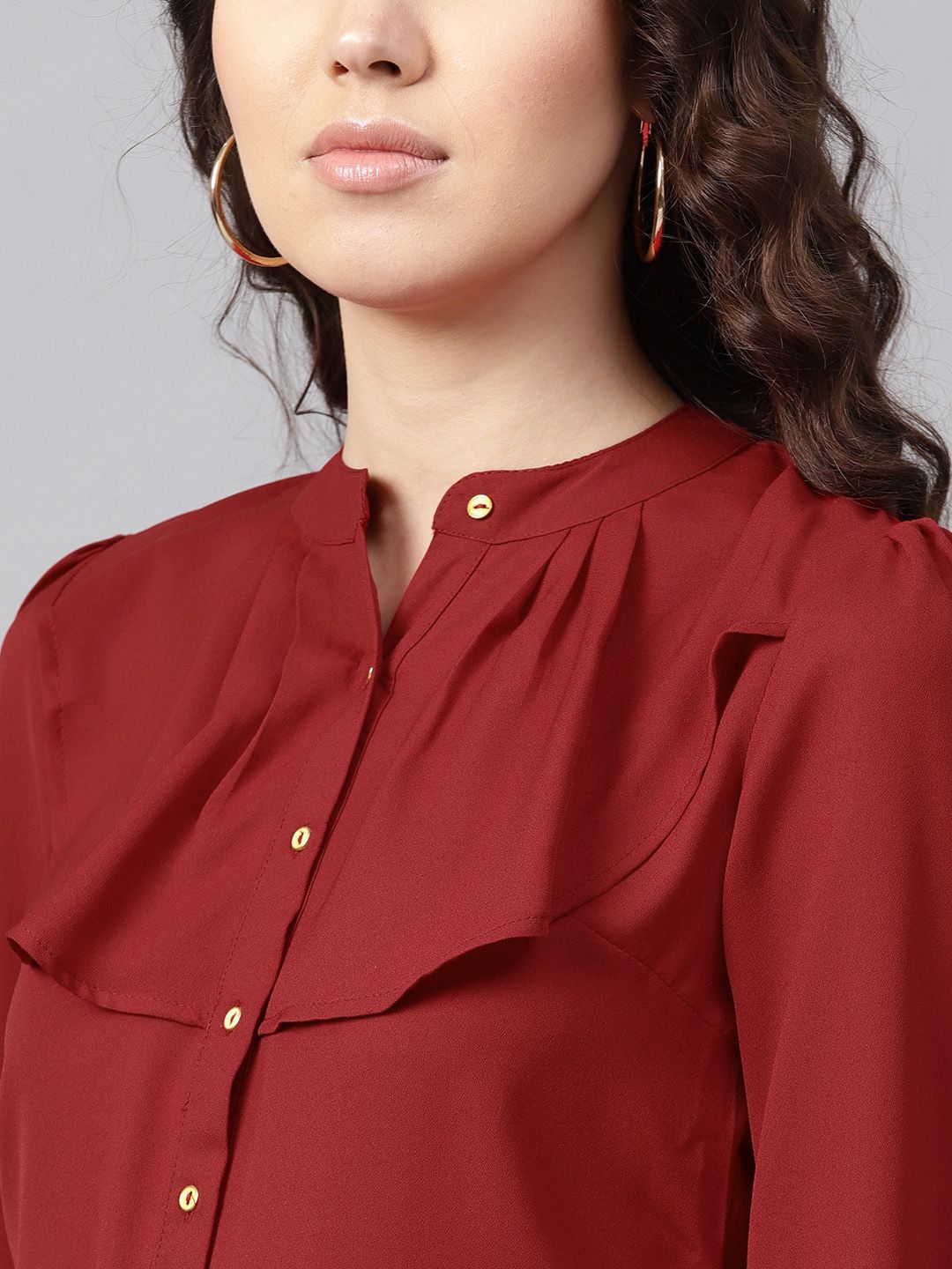 SASSAFRAS Women Maroon Ruffled Shirt Style Top