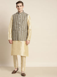 SOJANYA Men Solid Kurta with Churidar & Embroidered Ethnic Motifs Nehru Jacket