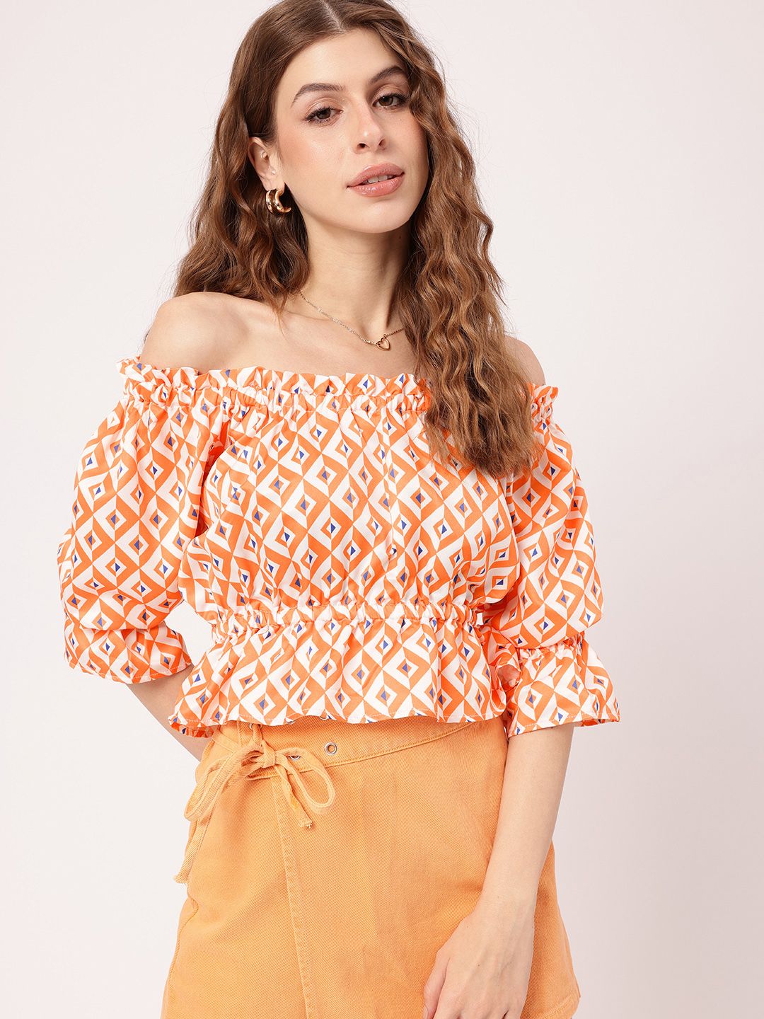 DressBerry Striking Core Gathers Printed Off-Shoulder Peplum Crop Top