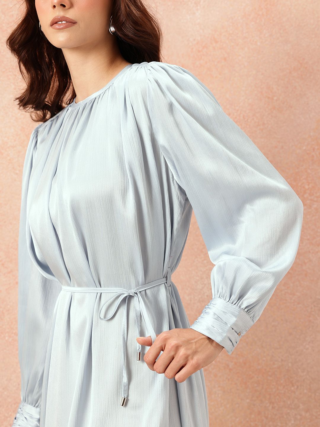 all about you Gathered Detail Bishop Sleeves Party Satin A-Line Dress with Belt