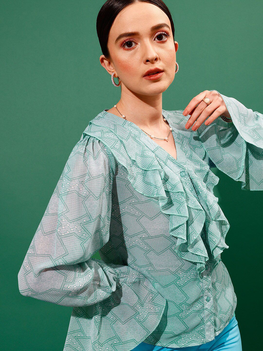 STREET 9 Ethnic Motifs Printed V Neck Ruffles Shirt Style Top