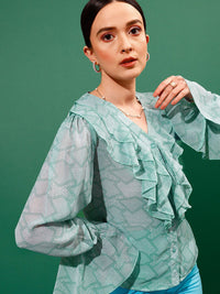 STREET 9 Ethnic Motifs Printed V Neck Ruffles Shirt Style Top