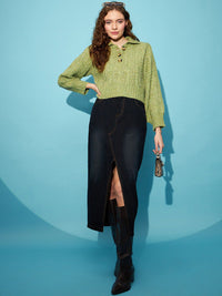 STREET 9 Green Cable Knit Spread Collar Acrylic Crop Pullover Sweater